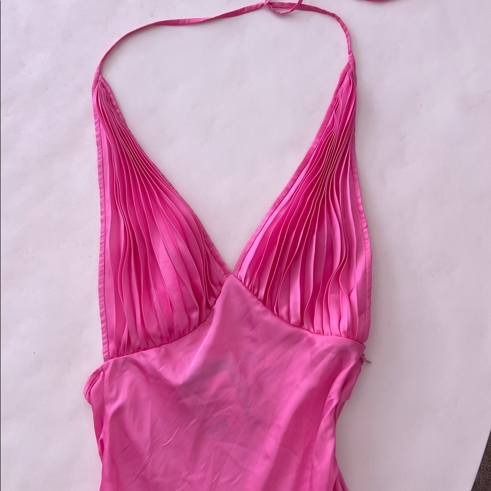 Nwt Onarin Ms. Pleat Silk Halter Midi Dress In Dragonfruit Pink Xs $289 — image 3 of 8